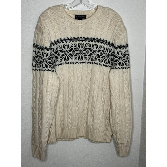 Brooks Brothers Sweater Mens Large Ivory Black Cable Knit Fair Isle Merino Wool - Picture 1 of 13